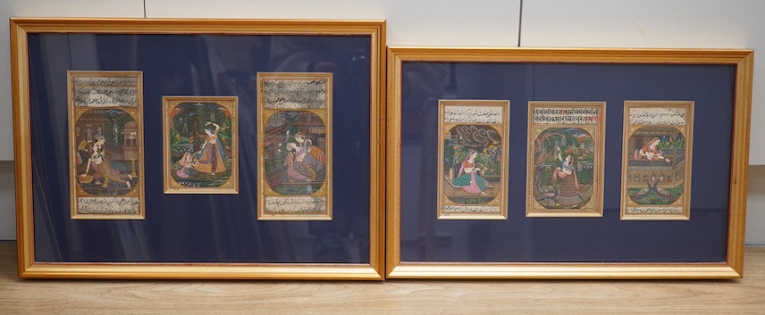 Jan Ray, set of six Indo-Persian gouaches, mounted and framed as two, Manuscripts with figures, each approximately 15 x 9cm. Condition - fair to good